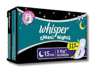 Whisper Maxi Nights Wings Sanitary Napkins XL+ Wings 317mm for Extra Heavy Flow 15pads